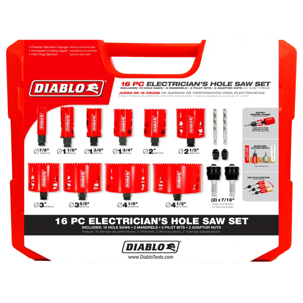 16 pc Electrician's Bi-Metal Hole Saw Set (10 Hole Saws, 2 Mandrils, 2 Pilot Bit, 2 Adaptor Nuts)