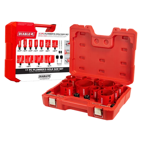 17 pc Plumber's Bi-Metal Hole Saw Set (11 Hole Saws, 2 Mandrils, 1 Pilot Bit, 2 Adaptor Nuts)