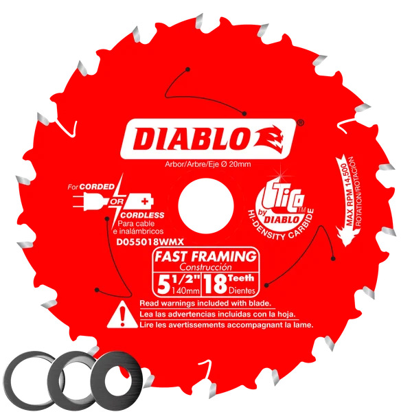 5-1/2 in. x 18 Tooth 20mm arbor Fast Framing Saw Blade with 3 arbor bushings