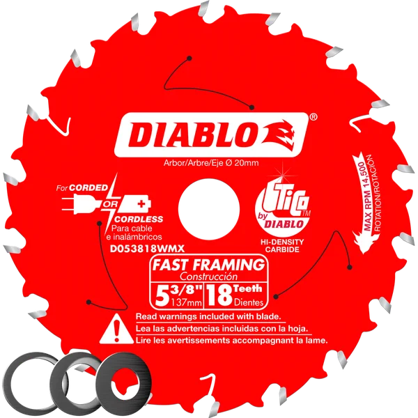 5-3/8 in. x 18 Tooth 20mm arbor Fast Framing Saw Blade with 3 arbor bushings