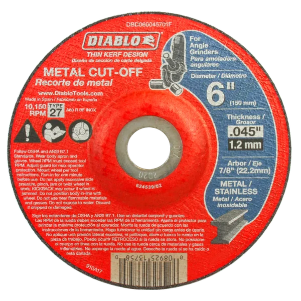 6"x7/8"x.045" Metal Cut Off Disc - Type 27 Thin Kerf