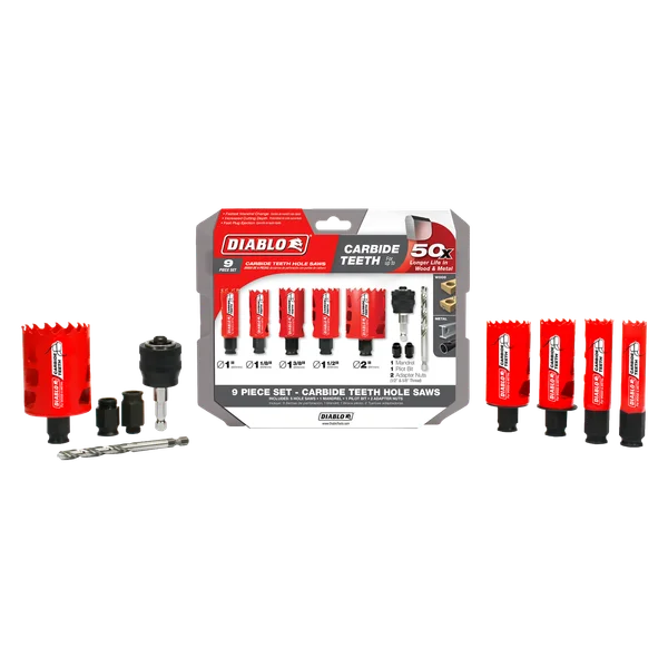 9 pc Carbide General Purpose Hole Saw Set (5 Hole Saws, 1 Mandril, 1 Pilot Bit, 2 Adaptor Nuts)