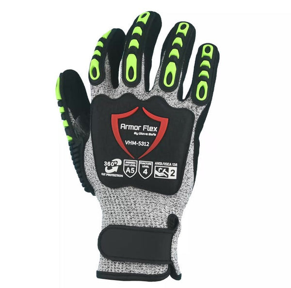 Impact Level 2 Glove, ANSI Cut 5, Black Sandy Nitrile Palm, Velcro Closure.