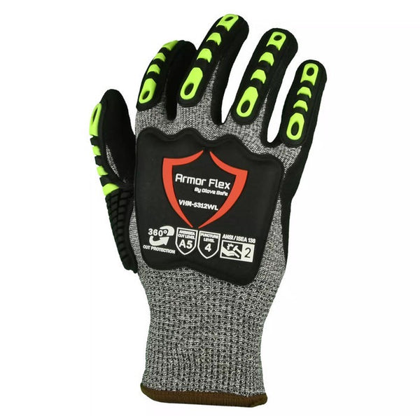 Winter Lined HPPE Impact Level 2 Glove, ANSI Cut 5, Black Sandy Nitrile Palm, Velcro Closure